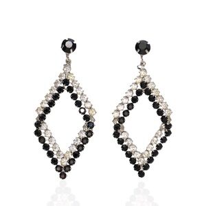 Vintage Black & Clear Rhinestone Clip On Statement Drop Earrings Art Deco